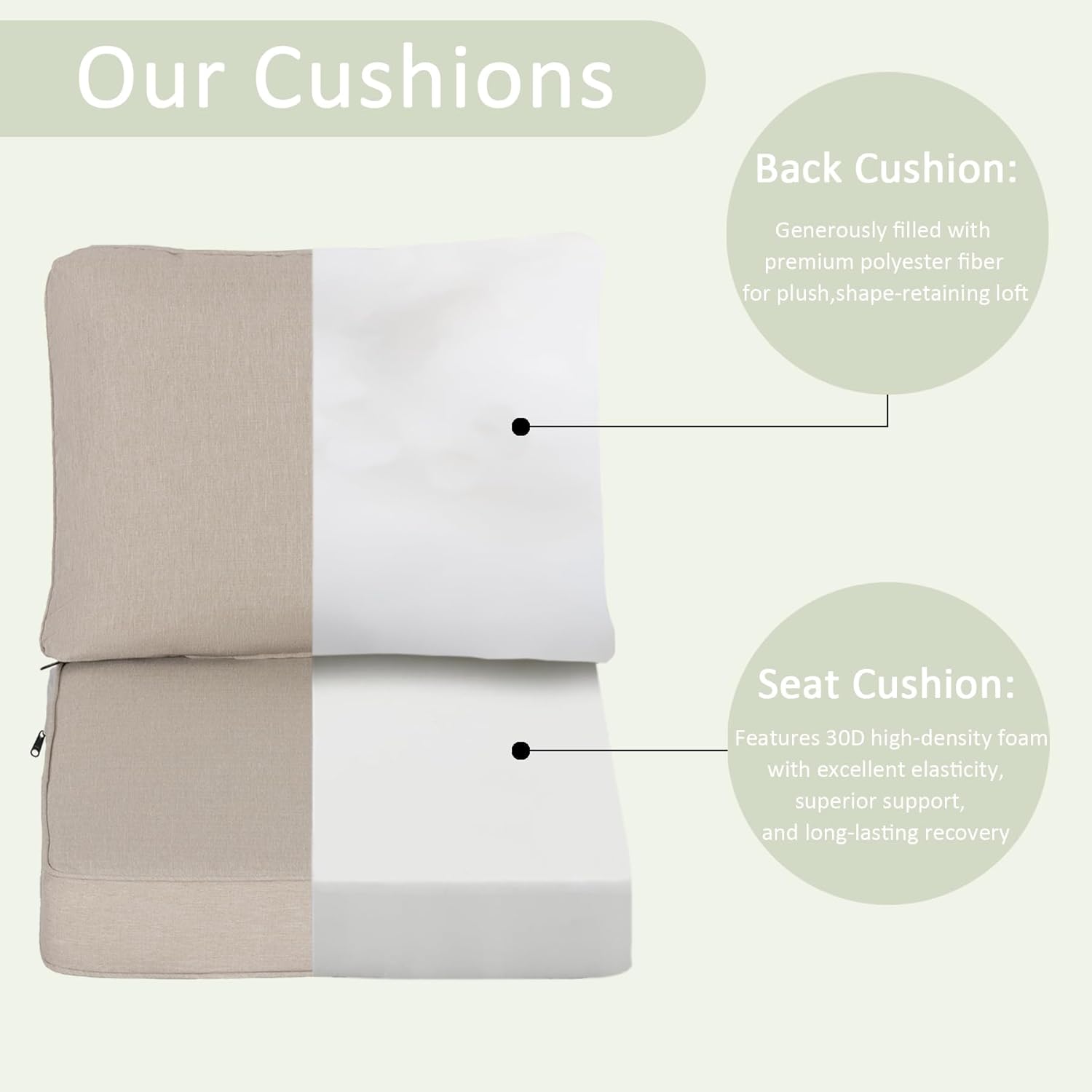 COZYVIDA Outdoor Deep Seat Cushion Set of 2,24" x 27.5"x4.5" Patio Cushions Resilient Foam Filling, Water-Resistant Stain-Resistant UV-Resistant 1000+ Hrs, Weather Resistant,YKK Zippers,Putty