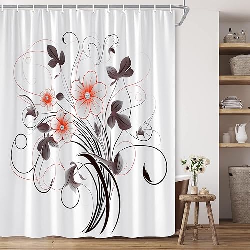 BCNEW Cortina de ducha de flores, decoración simple de color naranja, negro, gris, hojas de hierba, hojas, fondo blanco, tela de poliéster