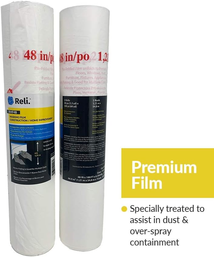 Reli. Masking Film, 10 Rolls Bulk (180 Foot x 48 Inch) | Masking Plastic Film for Painting, Automotive | Pre-Folded Compatible with Hand-Masker Plastic in Bulk (10 Pack)