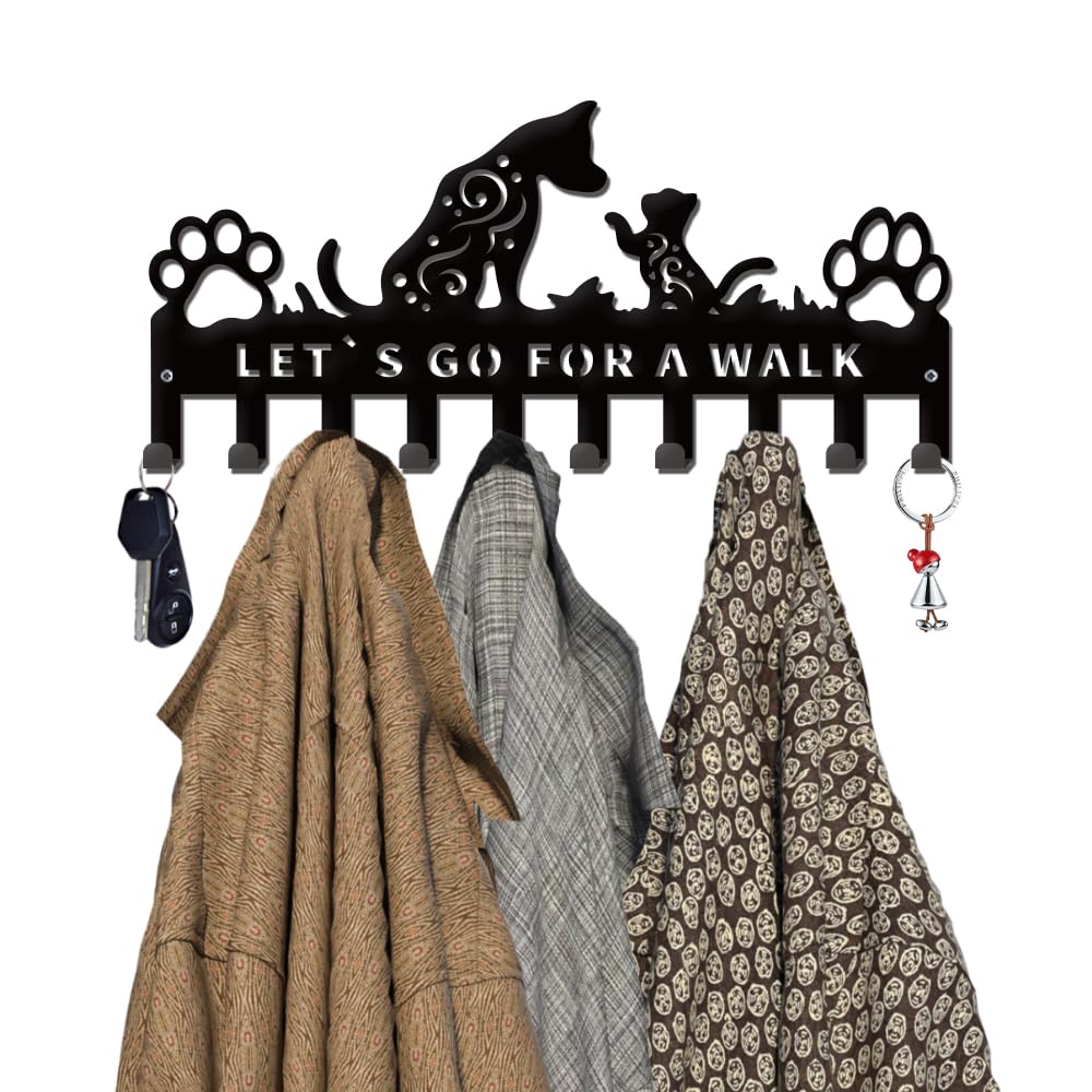 ORIGACH Portachiavi A Muro Con Ganci A Forma Di Gatto E Cane, 7 Ganci In Ferro Nero Per Chiavi, Guinzagli E Accessori, Decorazione Ingresso