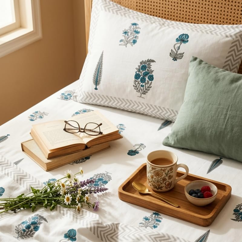 Image of Naksh Bedsheet for Double Bed King Size Floral Print 2 Pillow Covers | Grey Botanical Bedsheet | Soft Breathable Heritage Floral Bedding Set | Royal Sajawat Collection |