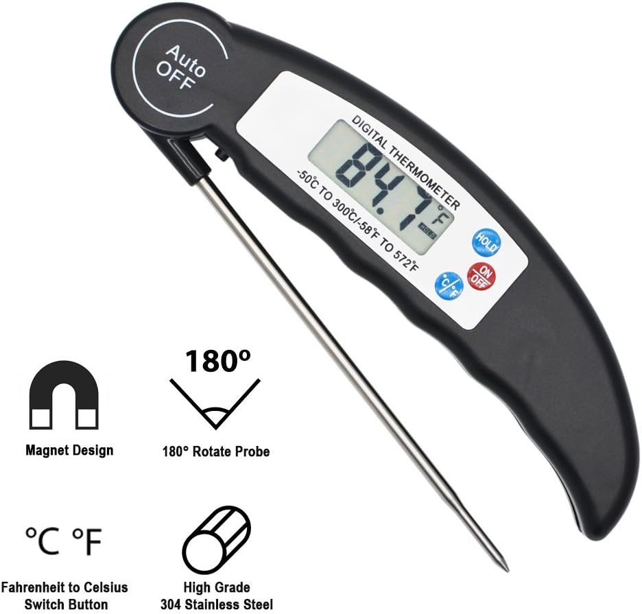 Digital Meat Thermometer, Valuever Cooking Food Thermometer Instant Read [Pocket-sized] LCD Display [Food Grade Stainless Steel Collapsible Safe Probe] for Kitchen BBQ Grill Smoker