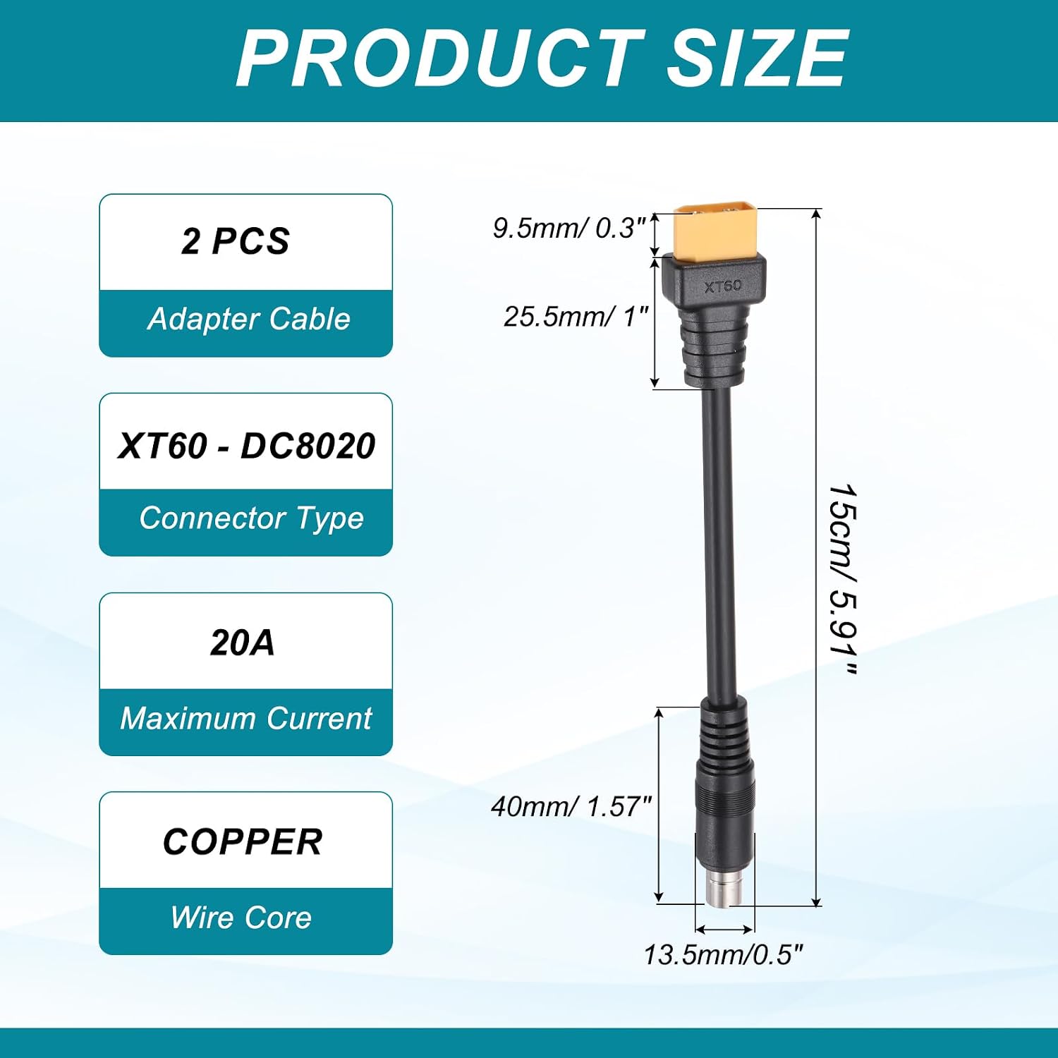 MECCANIXITY 2 Pcs XT60 to DC8020 Adapter Cable, 20A XT60 Male to DC8020 Male Connector Cable for Portable Power Station, Solar Panel, Solar Generator