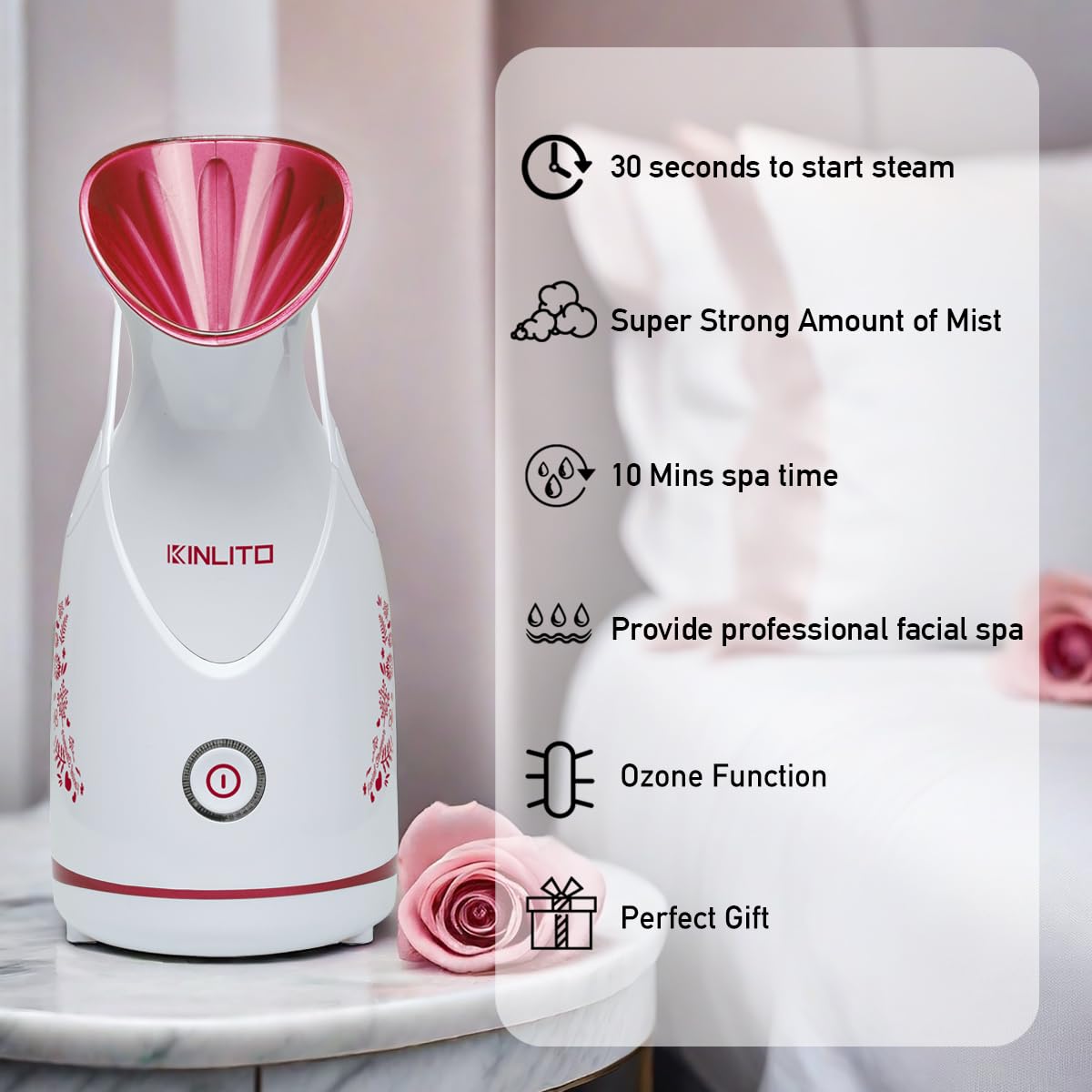 KINLITO Vaporizador facial nano iónico, limpieza profunda, desobstruye los poros para limpieza profunda de poros y alivio sinusal, kit de 5 piezas de acero inoxidable para la piel (rojo rosa)