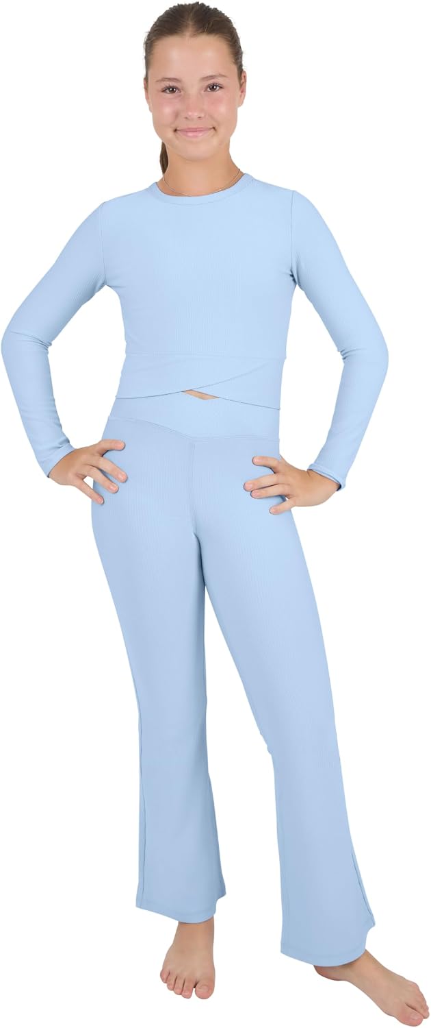 Yogalicious Girls Crossover Long Sleeve Top and Flare Pant and Scrunchie Set Kids Athletic Quick Dry Dance Outfit