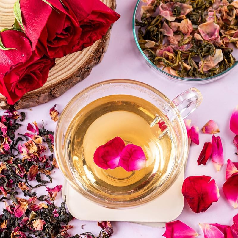 Image of Rose Green Tea 100g With Mystical 7 Flavour Teabags (21 Bags) Combo pack |For Glowing Skin & Hair (Men & Women) |Natural Rose Petals |Antioxidant-Rich |Organic Blend |Relieves Stress & Weight Control