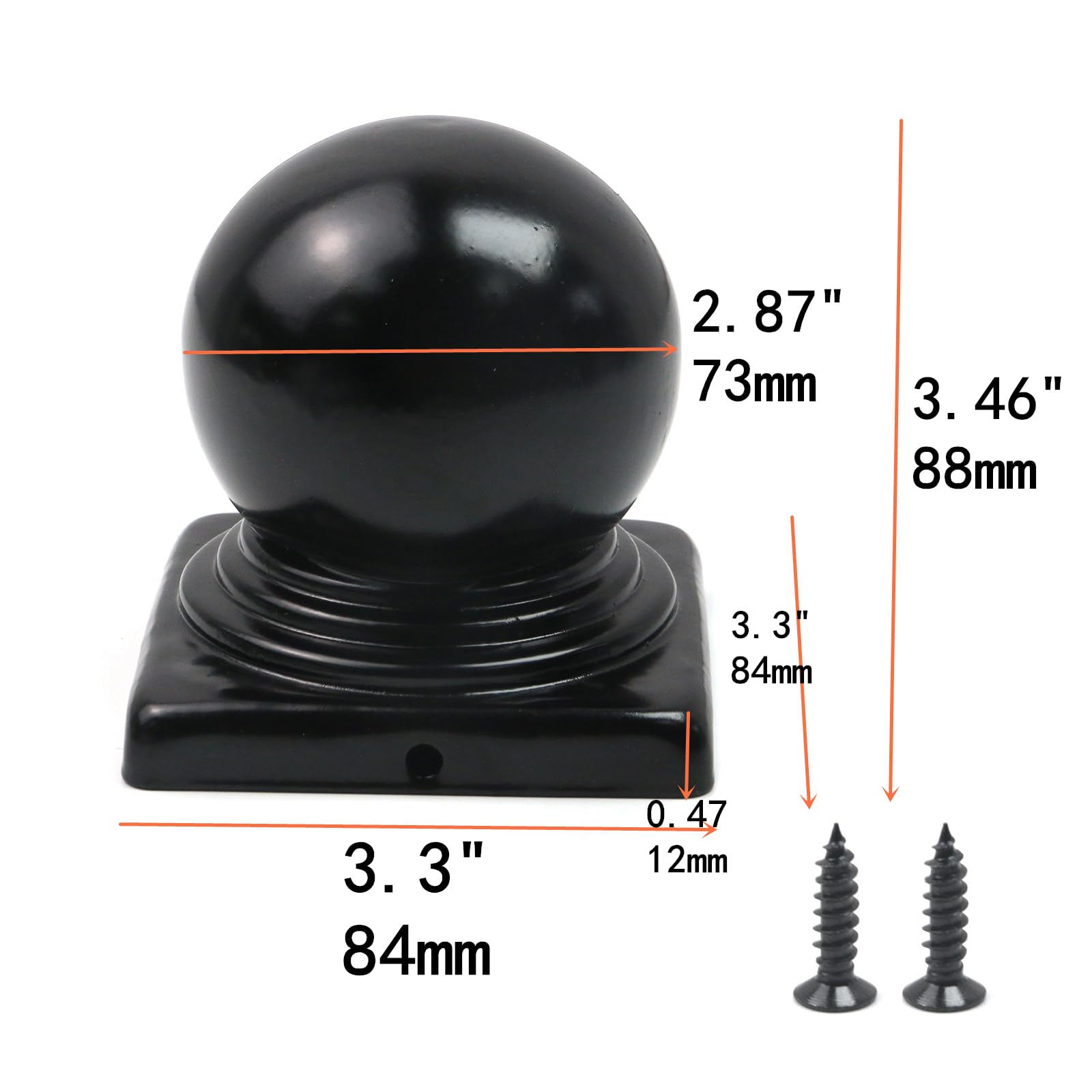 4 tapas negras para postes de valla con bola superior, tapas de poste, tapas de poste de cubierta de cúpula de bola con tornillos para postes de metal reales de 3.15 x 3.15 pulgadas/80 mm