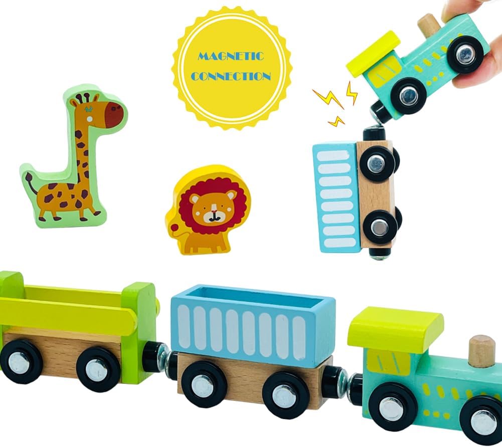 Wooden Trains Cars with Crane Magnetic Train Toys for Wooden Train Tracks Train Sets for Toddlers and Kids Ages 3+ (Zoo Train)