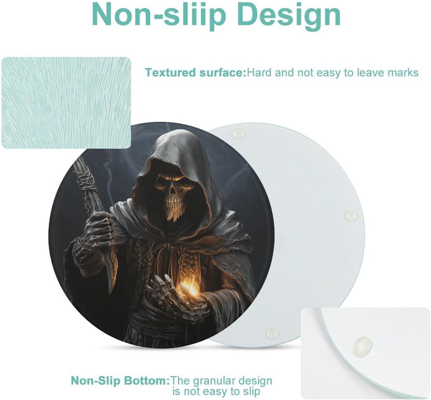 Grim-Reaper Chopping Block Tempered Glass Cutting Board Mats Round Countertop Cutting Boards Small Charcuterie Boards Bar Cheese Board Snack Tray