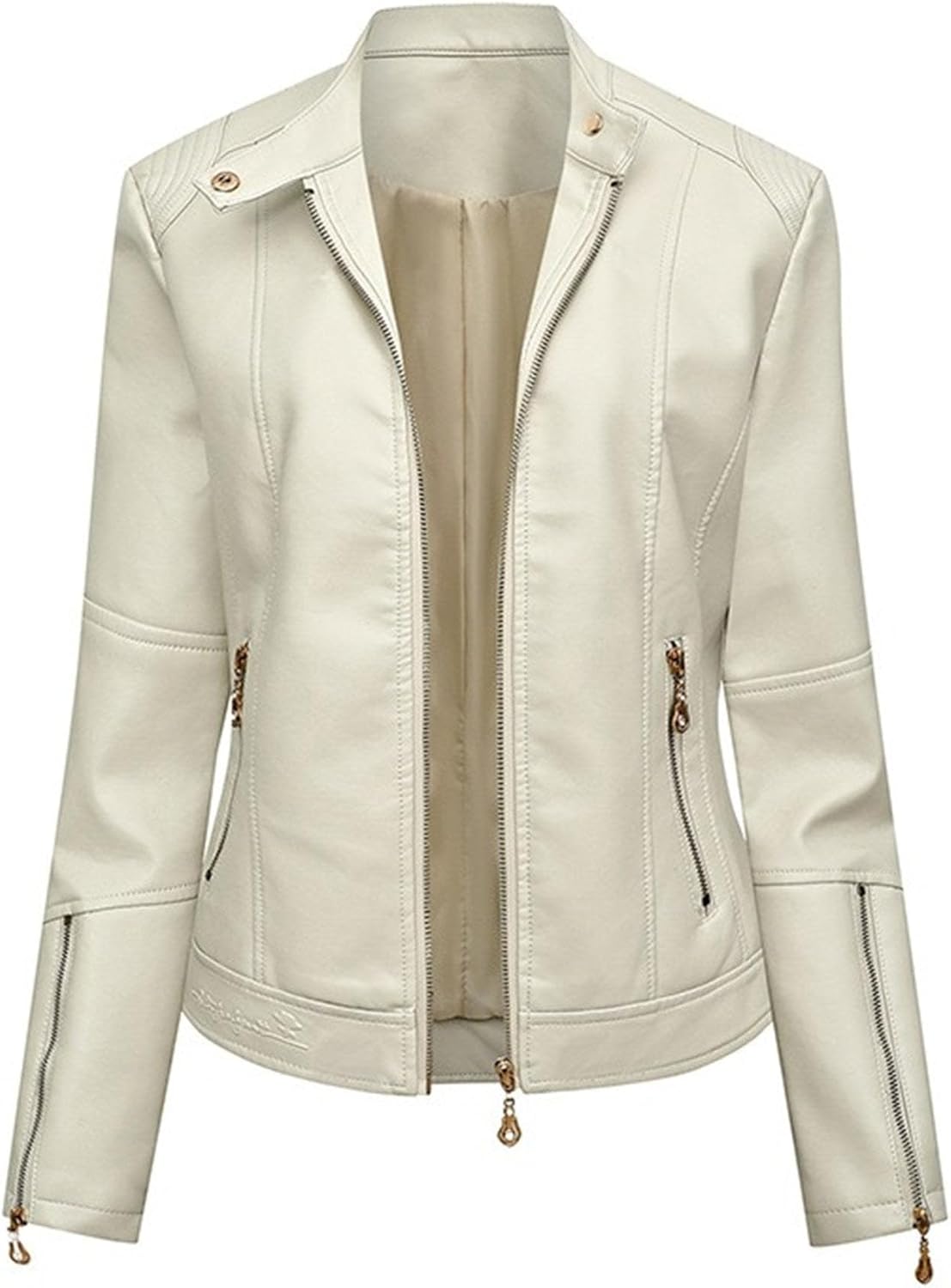 Women's Faux Leather Zip Up Vintage Coat Stand Collar PU Casual Coat Jacket Long Sleeve Solid Fall Outerwear