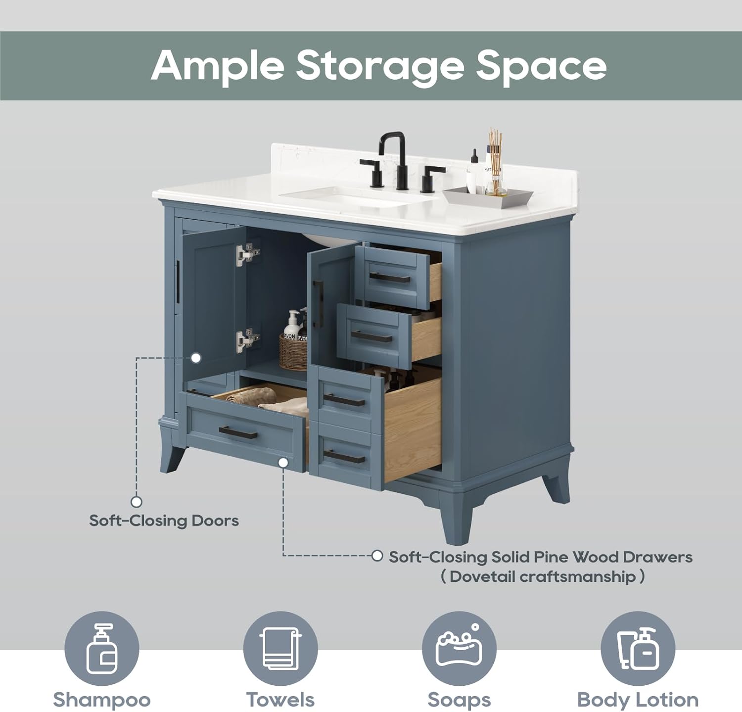48 Inch Bathroom Vanity with Sink, Modern Steel Blue Bathroom Vanities with Soft Closing Doors & Dovetail Drawers, Quartz Countertop, No Assembly Required