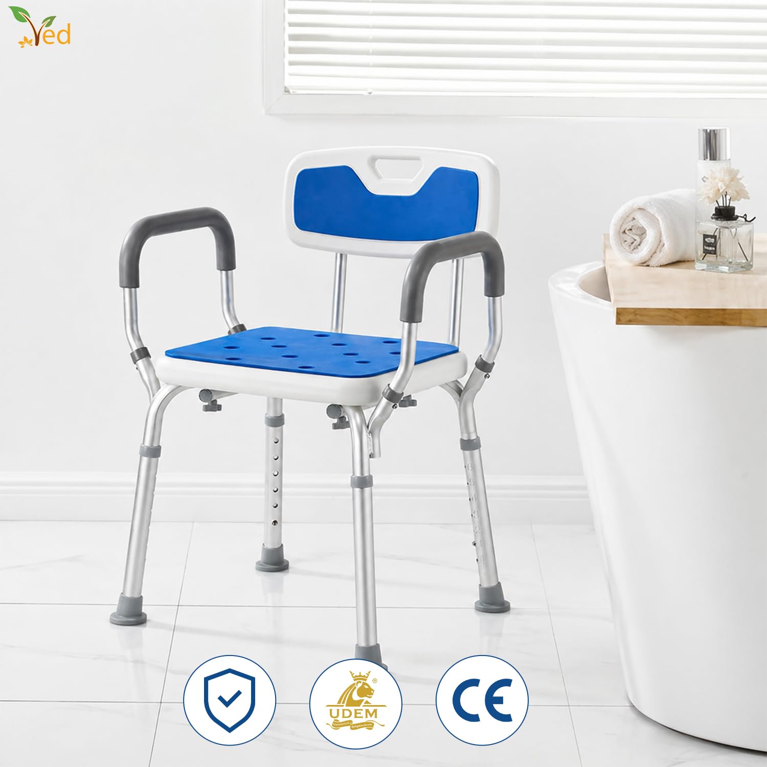 VED Sedia da Doccia Regolabile in 6 Altezze con Braccioli Imbottiti e Piedini Antiscivolo per Anziani, Disabili e Donne Incinte, Capacità 150 kg