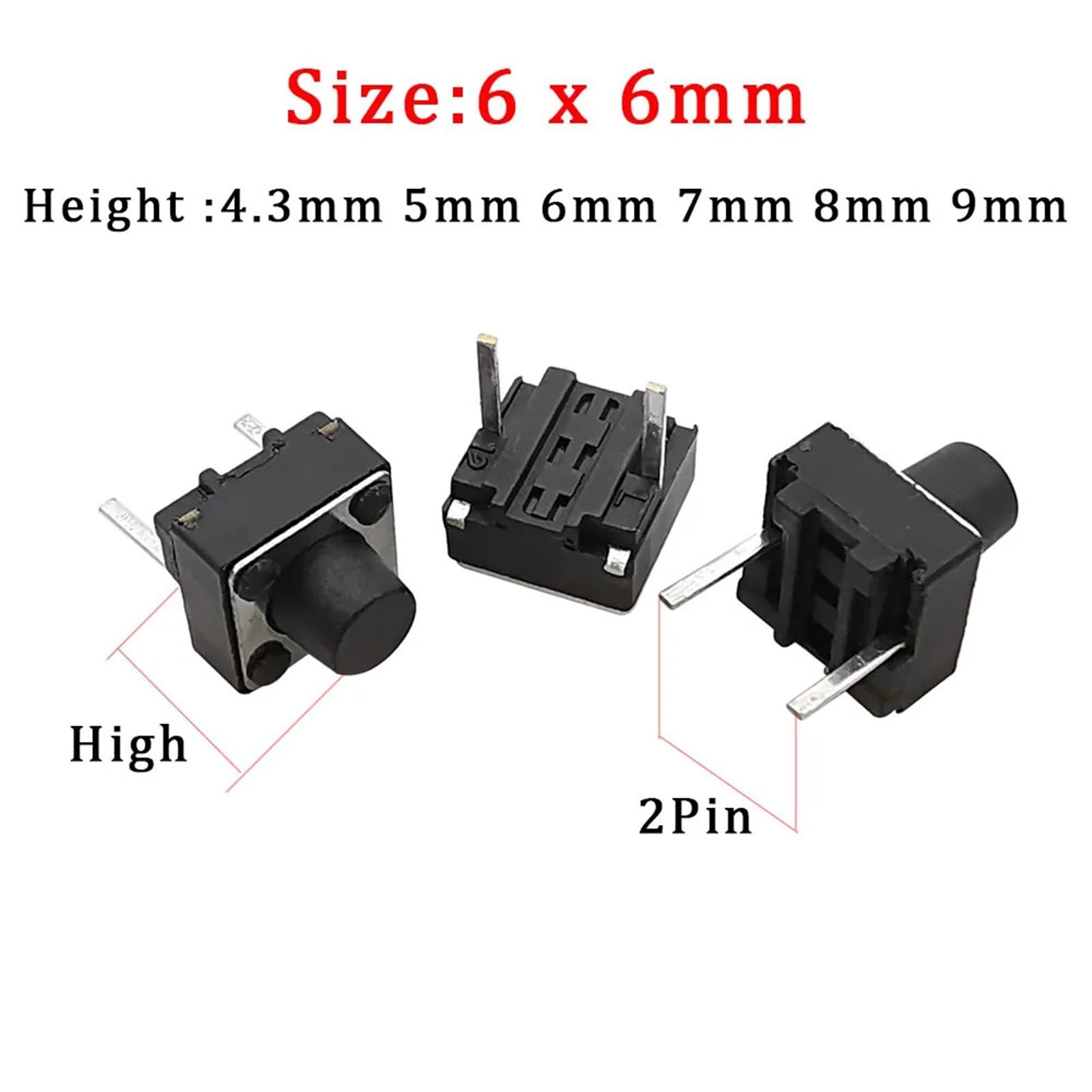 100 Pz Micro Interruttore Tattile Momentaneo Tact DIP Switch Pin 6x6mm Micro Touch Interruttore di Pulsante Alto 5mm 6mm 7mm 8mm 9mm(6x6x4.3mm)