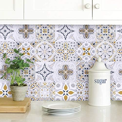 HeloHo 196.8"X17.3" Kitchen Contact Paper Kitchen Wallpaper Glossy Moroccan Pattern Self Adhesive Removable Waterproof Peel and Stick Wallpaper for Kitchen Backsplash Shelves Drawers Floor Decor