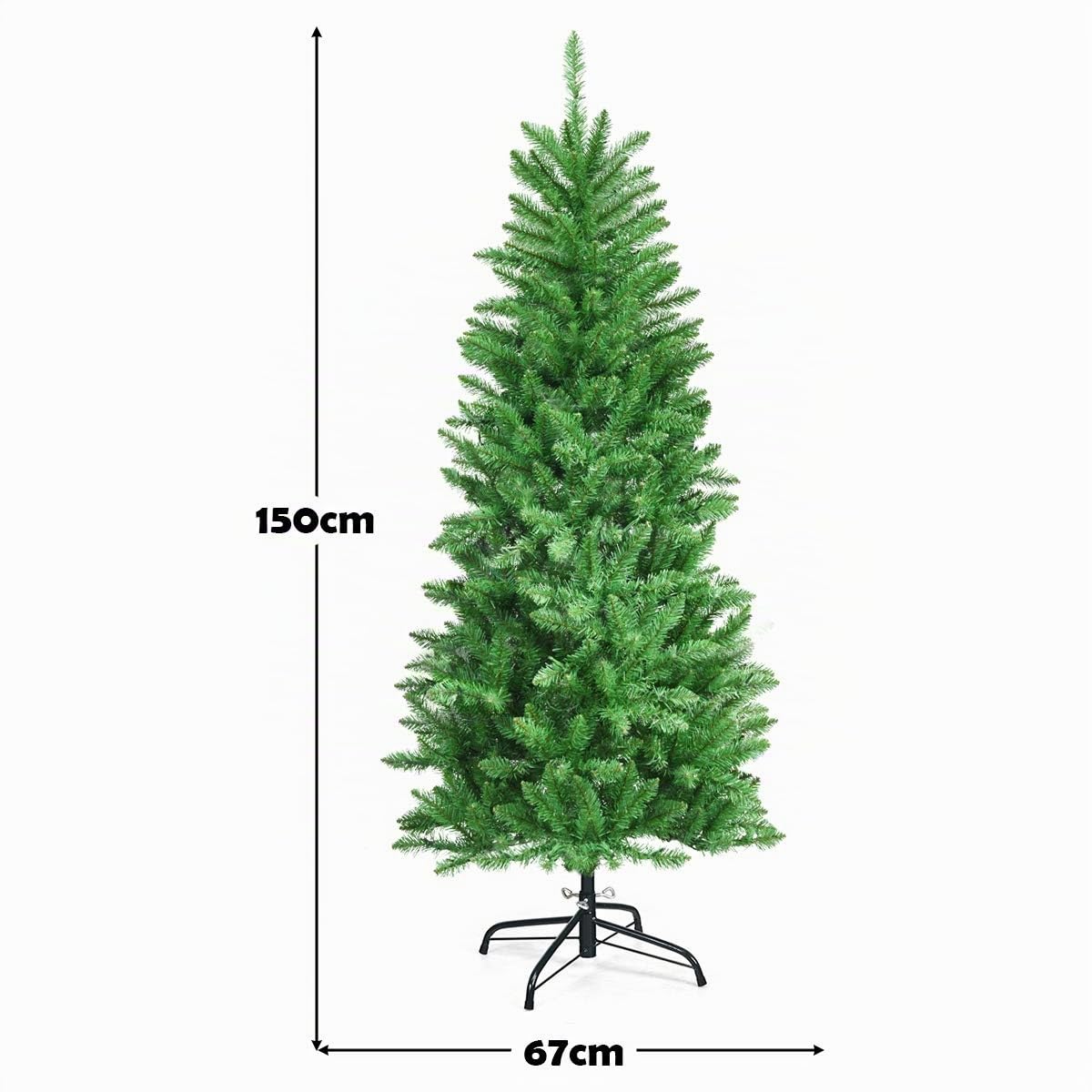 COSTWAY Árbol de Navidad 150cm Verde, Arbol de Navidad con Luces Incorporadas, 150 Luces LED de Blanco Cálido, 300 Agujas de PVC, Árbol de Navidad Slim/Estrecho, Soporte de Metal (150cm)