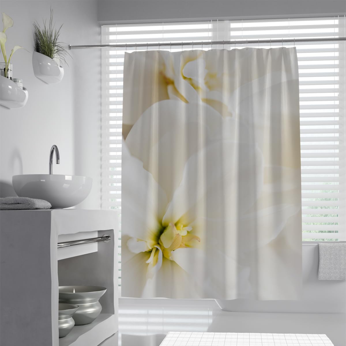 UIRINGART White Orchid Blossom Shower Curtain W200xL200cm Soft Abstract Floral Petals Waterproof Machine Washable Wet Room Screen with Hooks