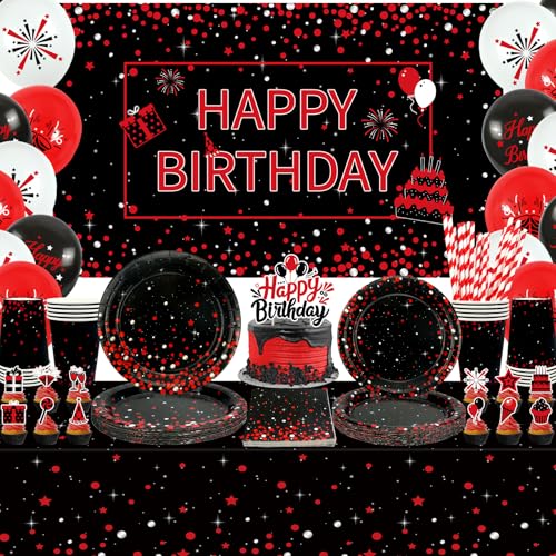 Décoration de fête rouge et noir haut de gamme avec assiettes et serviettes