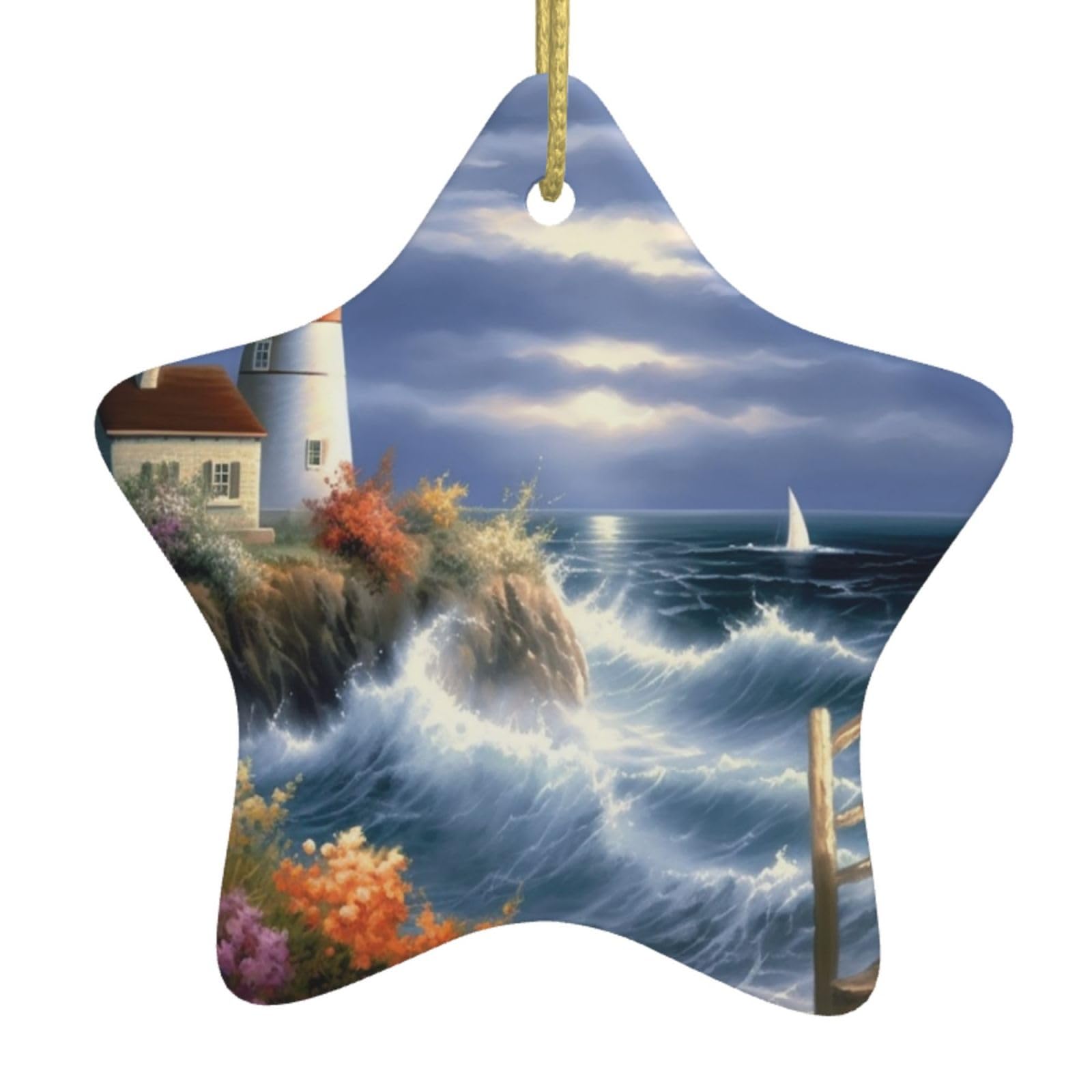 Ceramic Christmas Tree Hanging Ornaments with Gold Ropes Christmas Tree Decorations Star Ceramic Lighthouse Diamond Painting Pendant Keepsake Decorations for Holiday Xmas Gift Ideas