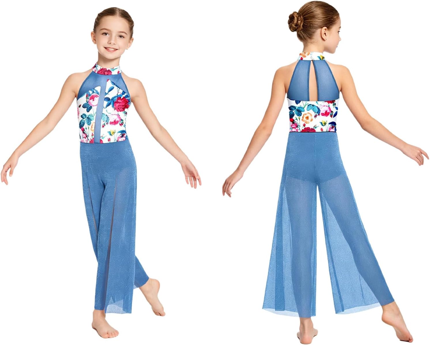 TTAO Girls Dance Leotard Stage Performance Dancewear Mock Neck Mesh Patchwork Split Long Pants Jumpsuit