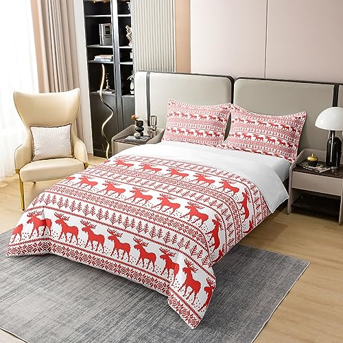 Homewish 100% Organic Cotton Christmas Bedding Set Super King,Rustic Deer Duvet Cover for Kids Teens Youth,Red Xmas Themed Comforter Cover,Boho Snowflake Elk Jungle Animal Bed Sets with 2 Pillowcases - Image 3