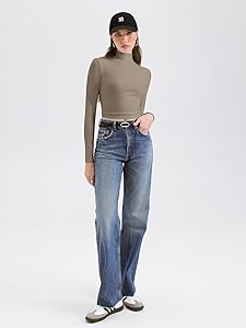 REORIA Women's Basic Cute Mock Turtleneck Long Sleeve Ribbed Tight Tshirts Crop Tops