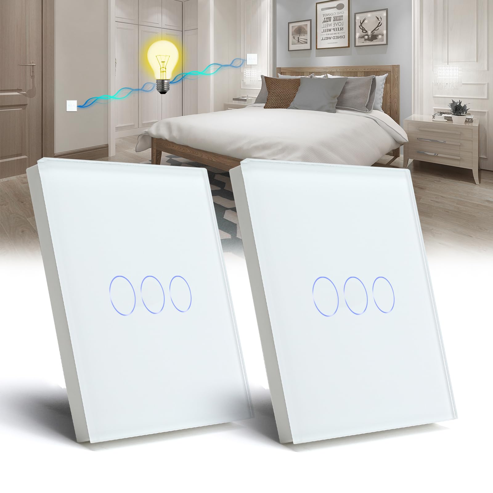 BSEED 2 Pack Touch Light Switch 3 Gang 2 Way, Tempered Glass Panel Light Switches with LED Indicator,White Touch Sensitive Light Switch-No Neutral Wire