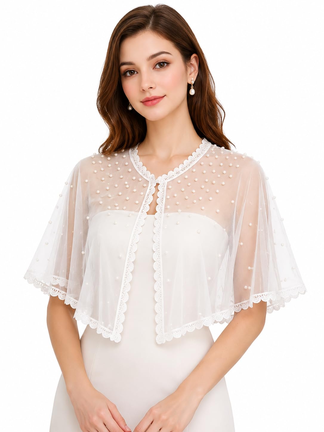 Women's Pearl Beaded Tulle Cape Shawl with Lace Trim, White-picture-47