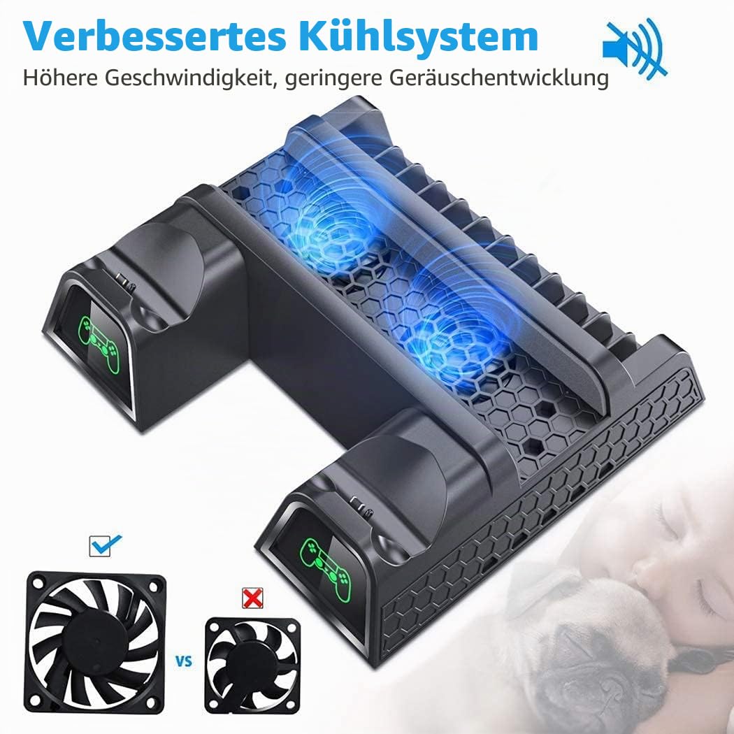 OIVO PS4 Standfuß, PS4 Lüfter, PS4 Kühler mit PS4 Controller Ladestation für Playstation 4/Pro/Slim, PS4 Halterung mit PS 4 Ladestation, PS 4 Ständer Playstation 4 Lüfter Kühler mit 12 Spiele Lagerung
