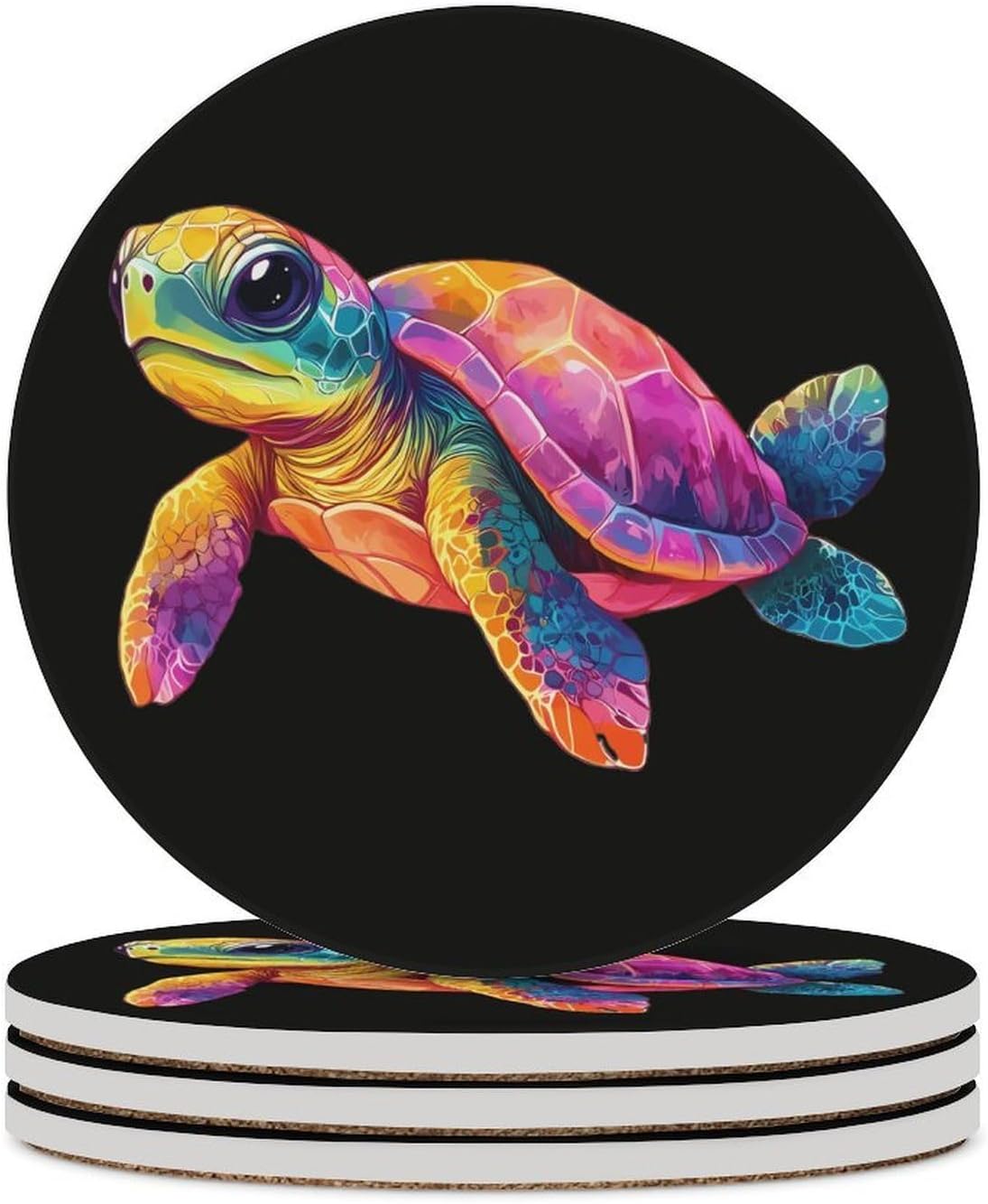 Cute Turtle Round Ceramic Coasters for Drinks Absorbent Cup Holder Tabletop Protector with Cork Base