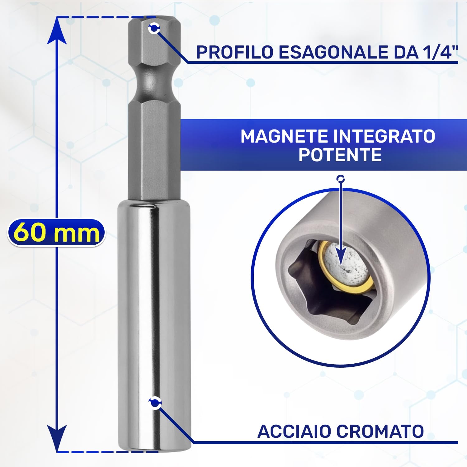 5 Pezzi Portainserti Magnetico 1/4" x 60 mm - Porta Inserti Universale per Trapano e Avvitatore - Realizzato in Alluminio e Acciaio al Cromo Vanadio - MONTERAL