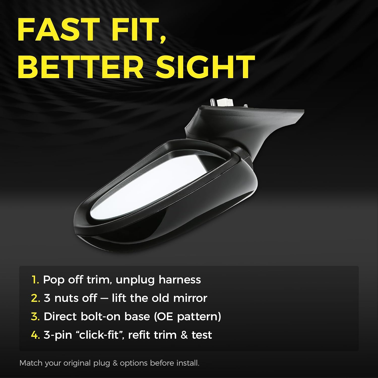 Passenger Side Mirror (Right/RH) Compatible with Hyundai Elantra 2017-2020, Power Adjust, Manual-Folding, 3-Pin Connector, Black Housing, Replaces 87620F3050, HY1321224
