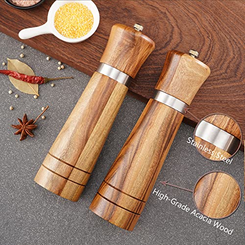 Ninefish Wooden Salt And Pepper Grinder Kit,Wood Pepper Mill,8-Inch Manual Teak Wooden Salt And Pepper Shakers, Pepper And Salt Grinders Are Combined With Wooden Stand Holder Tray And Wooden Spoon #TOP3