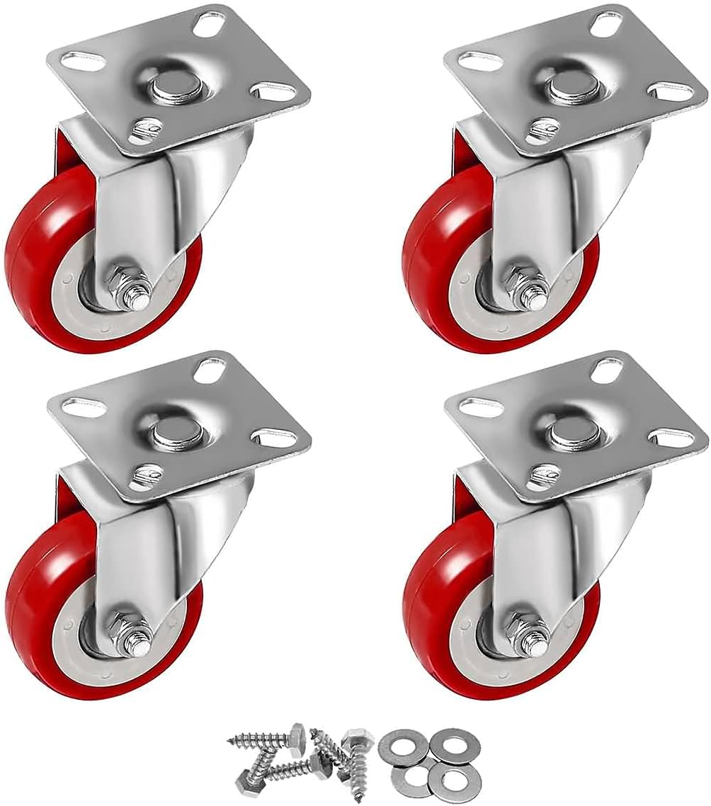 FactorDuty 4 Pack Caster Wheels Swivel Plate On Red Polyurethane Wheels with HD Hardware Kit (2" No Brake)