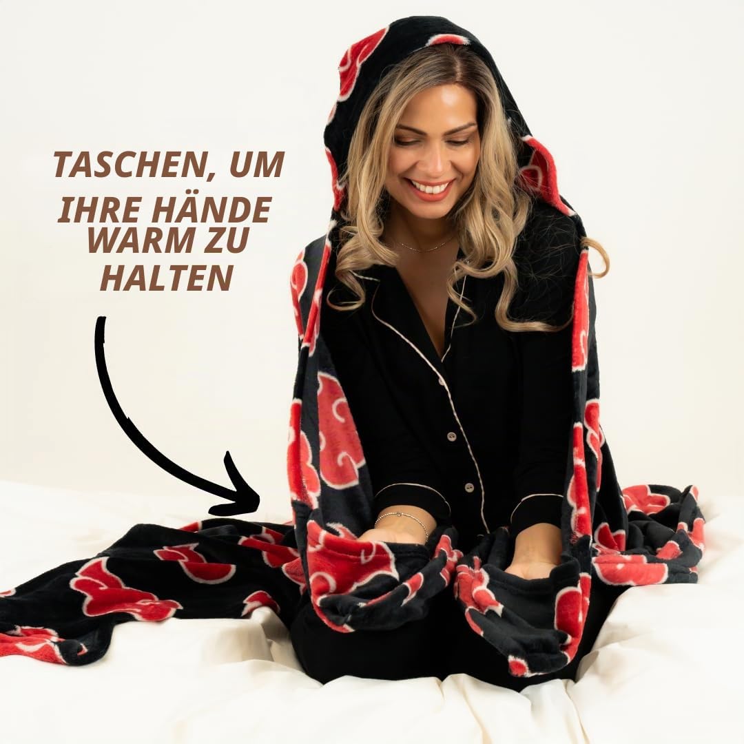 Franco Naruto Anime Akatsuki Wolken-Bettwäsche, superweich und gemütlich, tragbare Überwurfdecke mit Kapuze, 178 x 127 cm (offizielles Lizenzprodukt) Sammlerstücke