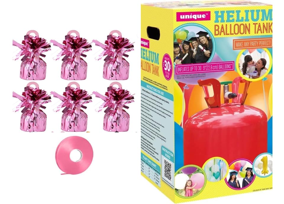 helium balloon canister with balloon weights and Ribbon (Light Pink Weight, Small Canister)