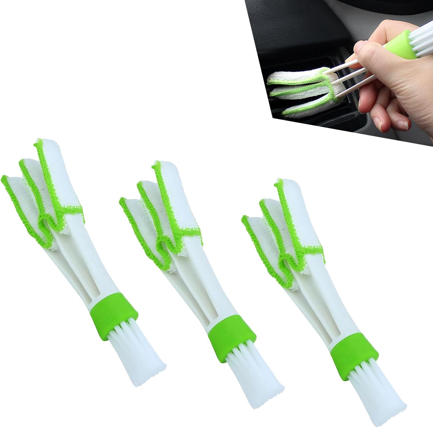 3 PCS Mini Duster for Car Air Vent, 3 Arm Soft Microfiber Dashboard Cleaner, Detachable Washable Brush Head Cleaning Tool, for Window Blinds & Keyboard & AC Vents & Fans (Green)