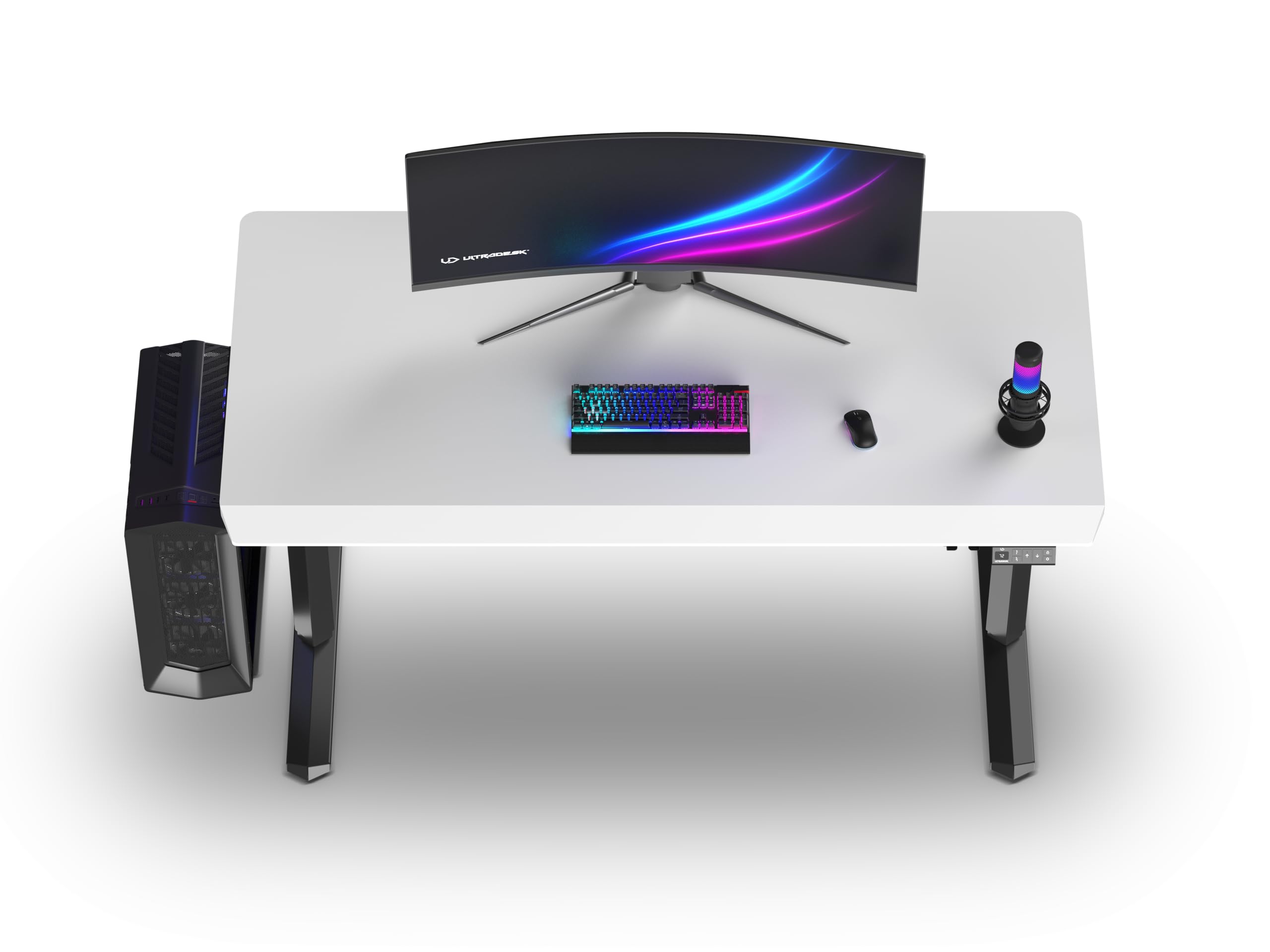 Ultradesk – Bureau Gaming Électrique avec Réglage Assis-Debout, LED RGB Prismatic, Meuble Bureau Idéal pour Gamer, Setup Gaming - Quest Black - L 140 cm, P 70 cm, H 72-120 cm - Blanc