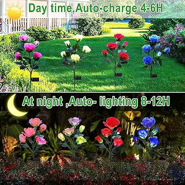 ANGMLN 4 Pack Solar Garden Lights, Solar Flower Lights Outdoor Waterproof with 20 Head Rose 7-Color Changing Landscape Light for Garden Yard Pathway Patio Grave Cemetery Decoration