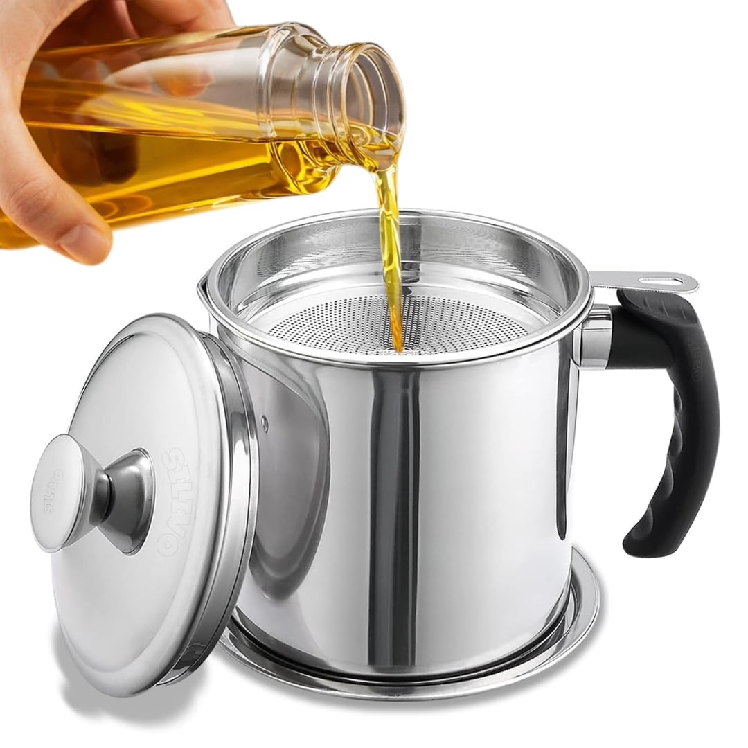 Stainless Steel Oil Strainer Pot with Fine Mesh Filter & Lid, Reuse Oil Storage, Cooking Grease Container for Reusing Frying Oil, Best Oil Saver, Anti-Scald Handle Oil Storage Can for Cooking