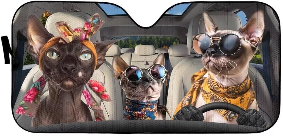 Hawaii Style Cat Windshield Sun Shade, Fit Car SUV Truck (57 x 27.5 inch),Sphynx Cat Driver Car Sunshade, Windshield Visor Sphynx Sunshade, Car Front Windows Windshield Sun Shade Cat,Blocks UV Rays