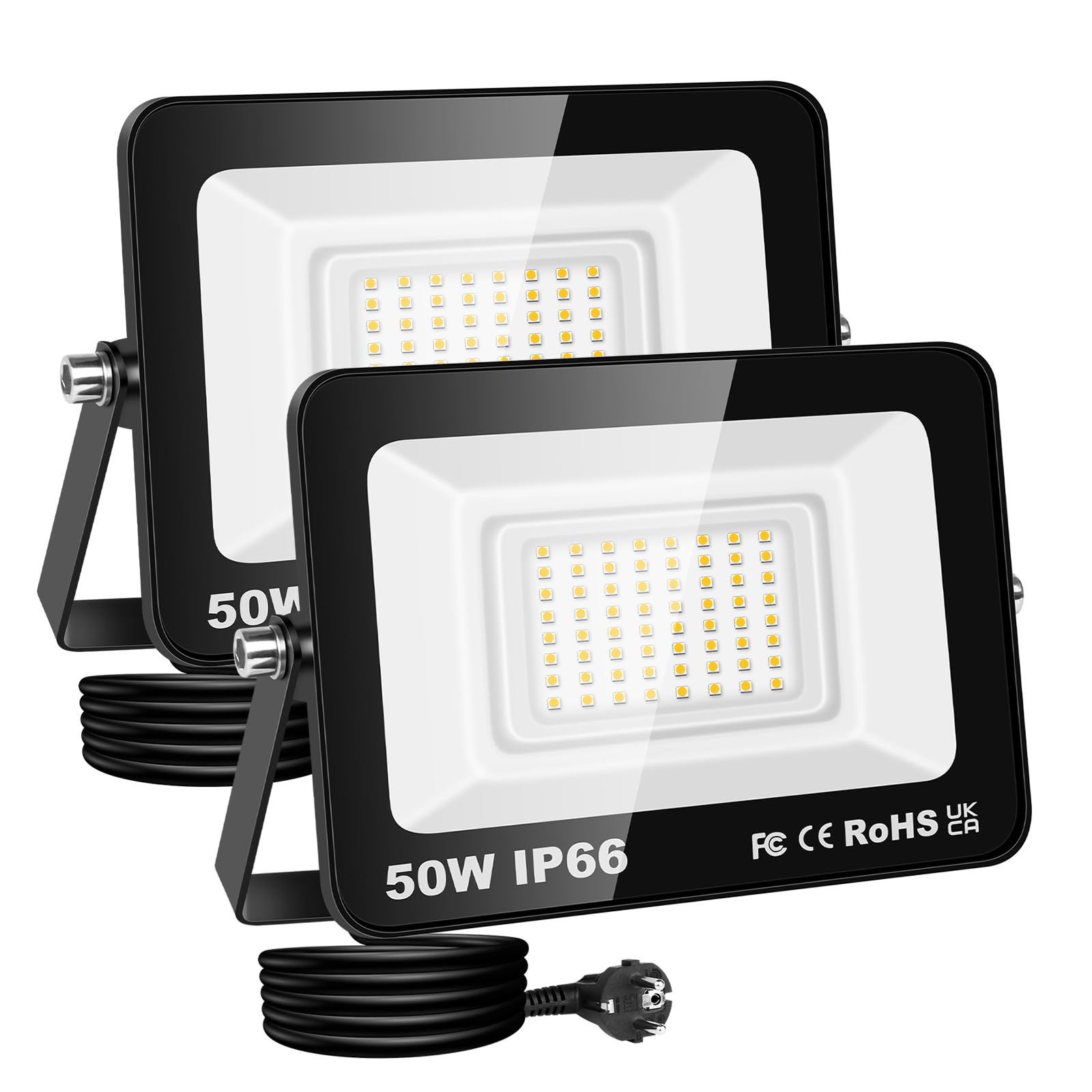 RIGIDON 2x projecteur led extérieur avec prise, 50W 5000lm IP66 étanche | 3000K blanc chaud, luminaires, éclairage de sécurité, spot lampe, pour patio garage terrasse jardin chantier muraux atelier