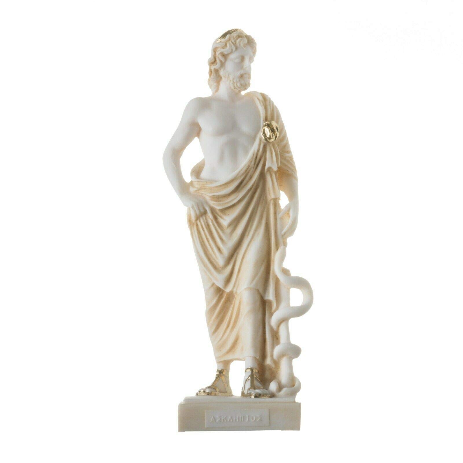 BeautifulGreekStatues Asclepius Greek God of Medicine Alabaster H/m Gold Tone Museum Copy Statue 9"