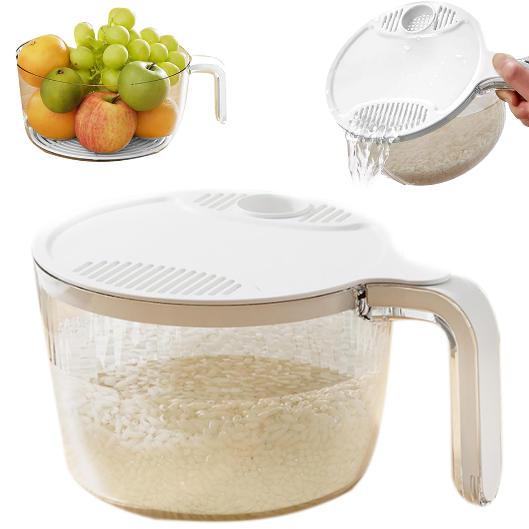 Wedhapy Rice Washer Strainer Bowl Rice Strainer, Safe Plastic Washer Bowl with Drain Lid, 7.1x3.4 Rinser with Handle for Vegetable Fruit, Small