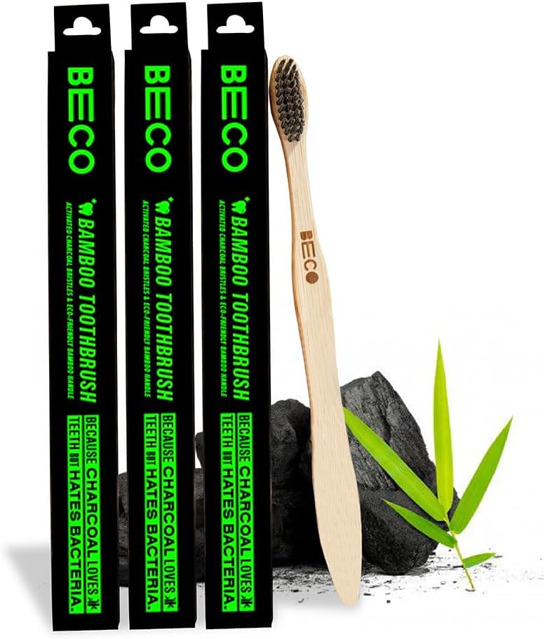 Compostable Bamboo Toothbrush with Ultra-Soft Charcoal activated Bristles, 100% Natural & Eco-Friendly (Pack of 3)