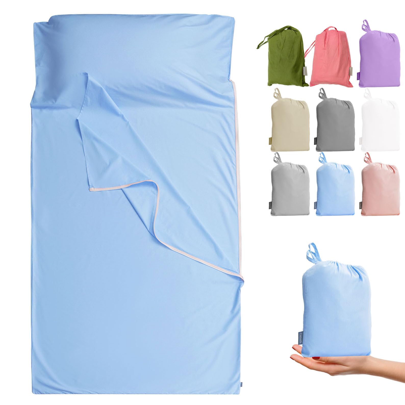 100% Cotton Sleeping Bag Liner - Sleep Sacks Adults - Camping Sheets Hotel Travel Sheets with Full Length Zipper (Single - 85x220cm, Blue)