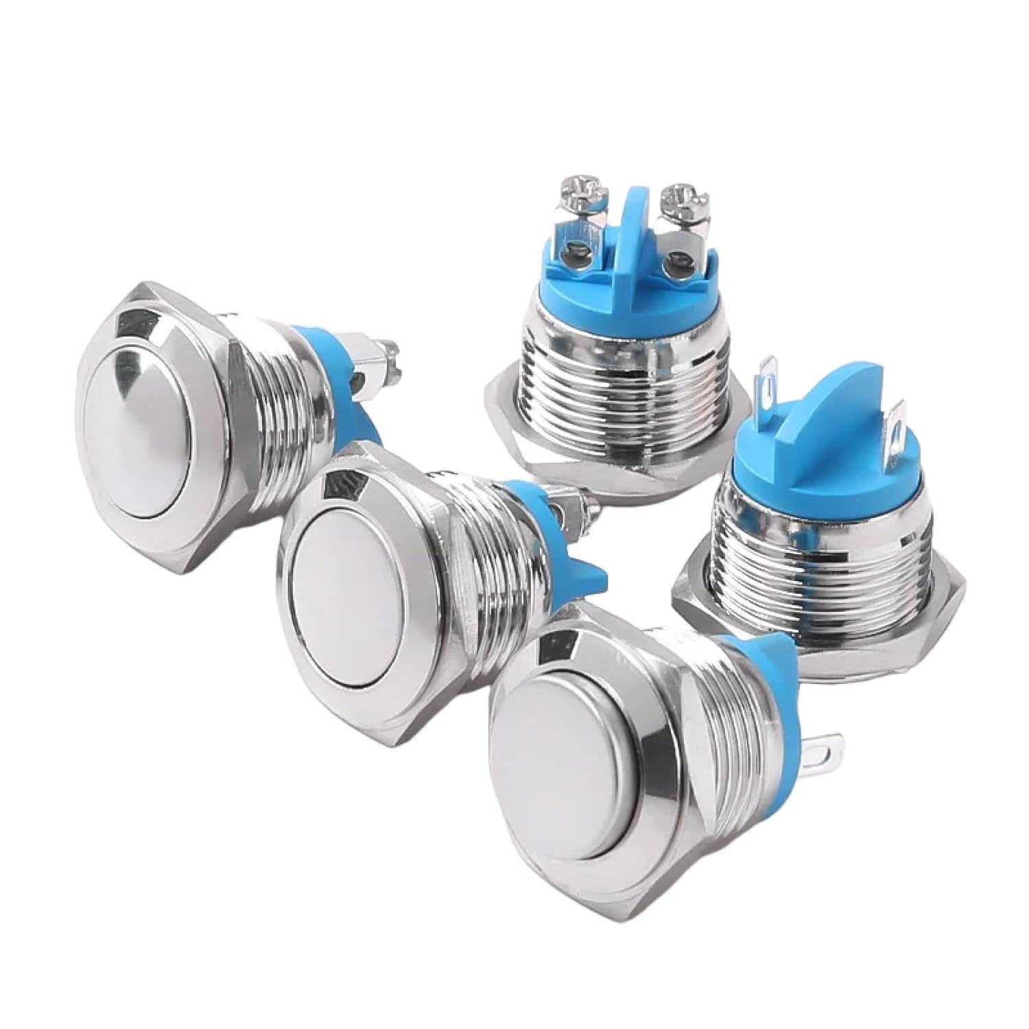 Metal Push Button Switch, 16-22MM, Silver and Blue, Momentary Contact, Waterproof, High Flat Ball Head Design, 1NO, Screw Mount (Ball Head Welding Foot 16MM)
