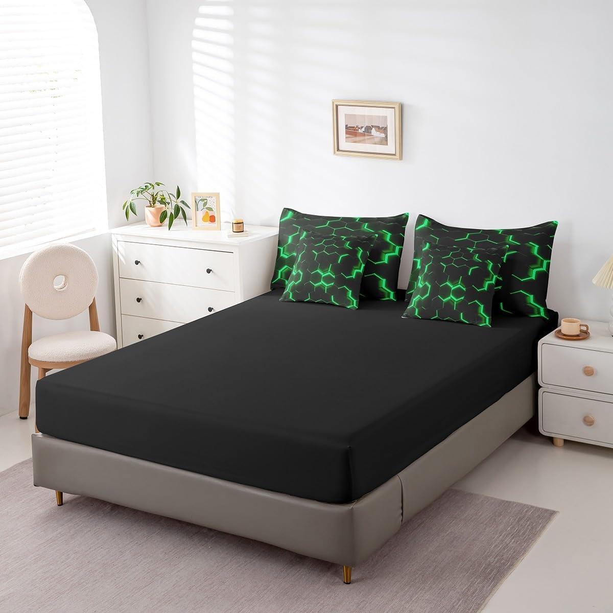 Honeycomb 7 Piece Bedding Set Queen Size Geometric Comforter Set with Sheets Hexagon Theme Green Bed in a Bag Boys Teen Man Chic Bed Set