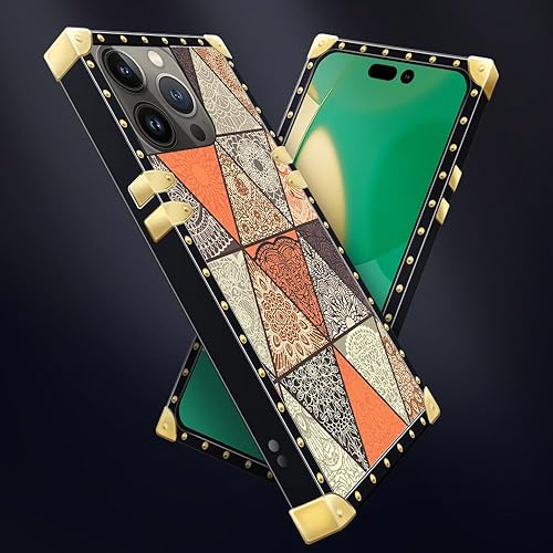 Miniatura 6 de Funda cuadrada compatible con iPhone 14 Pro Max (6.7 pulgadas), diseño retro de mandala dorado, de lujo, suave TPU duro, parte trasera de