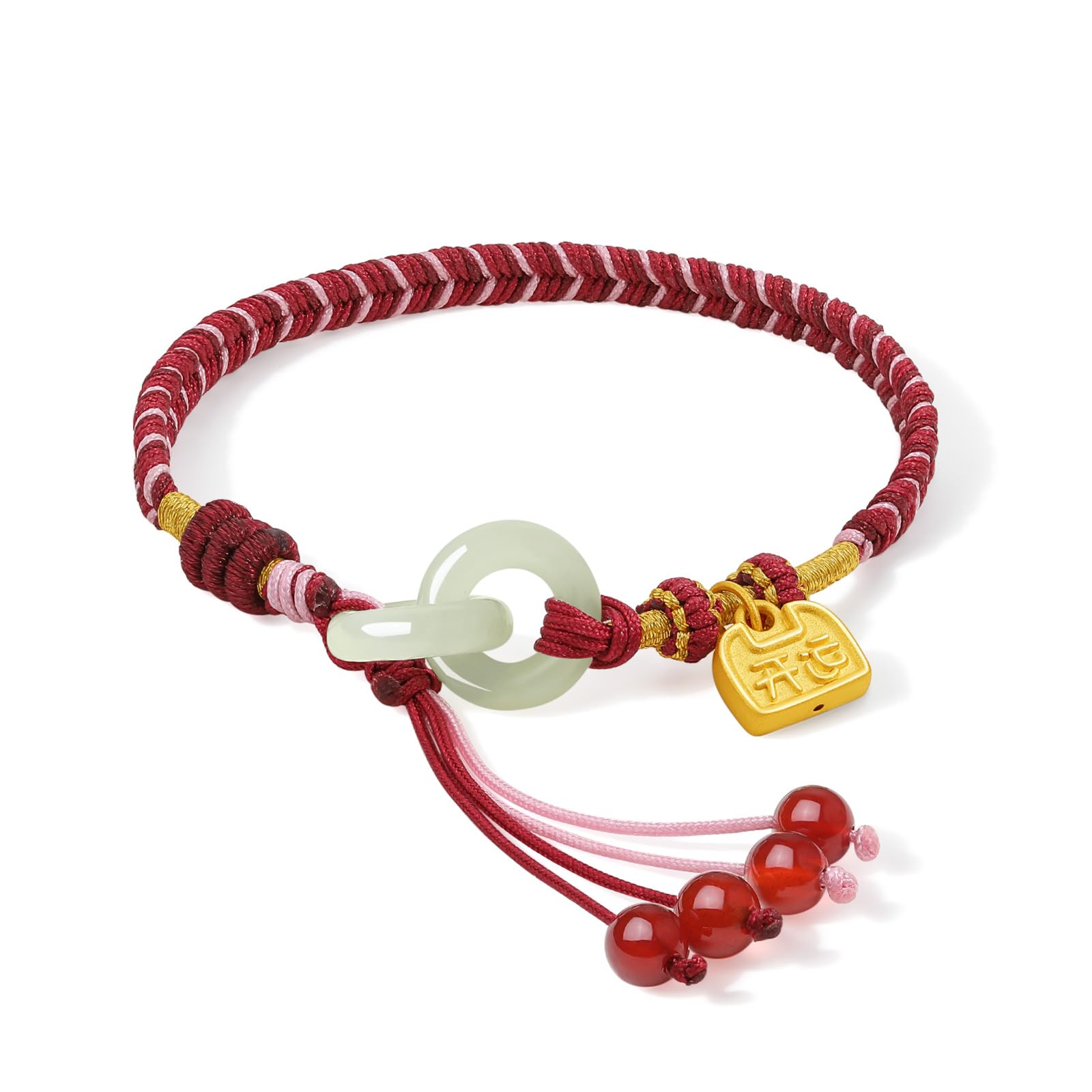 ZHOU LIU FU 24K Gold Charm Bracelet Double Ring Bracelets Jade Interlocking Peace Lock Gold Charms Red Cord Fortune Jewelry for Women Mom Gifts Birthday Anniversary New Year 16+3cm/6.3+1.2" Y1713966