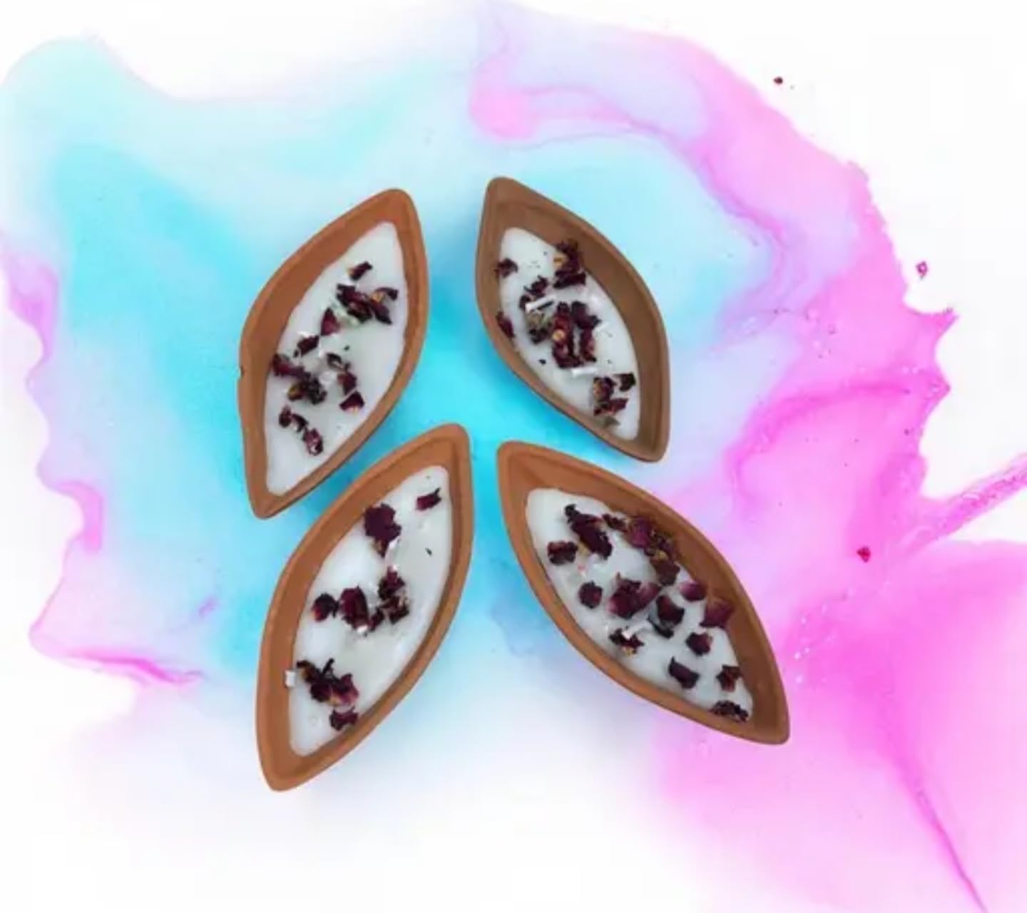 Decorative Soy Wax Candle, Leaf Shape with Dried Rose Petal, Terracotta, Set of 2